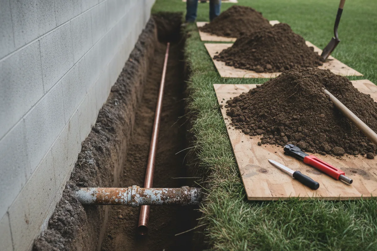 Excavated water line trench during Water Softener Installation in Sandy Spring